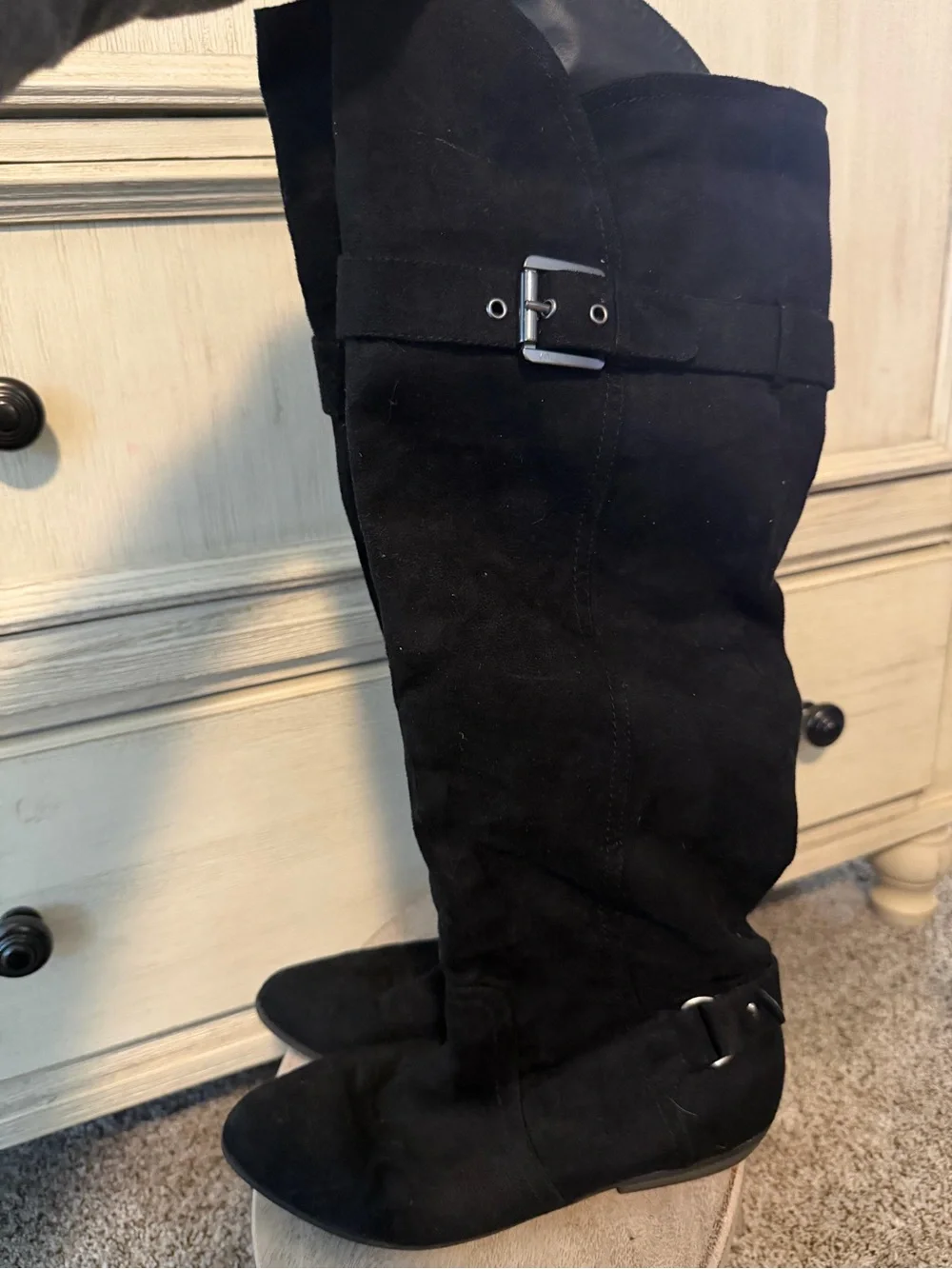 Black Suede Knee-High Buckle Boots